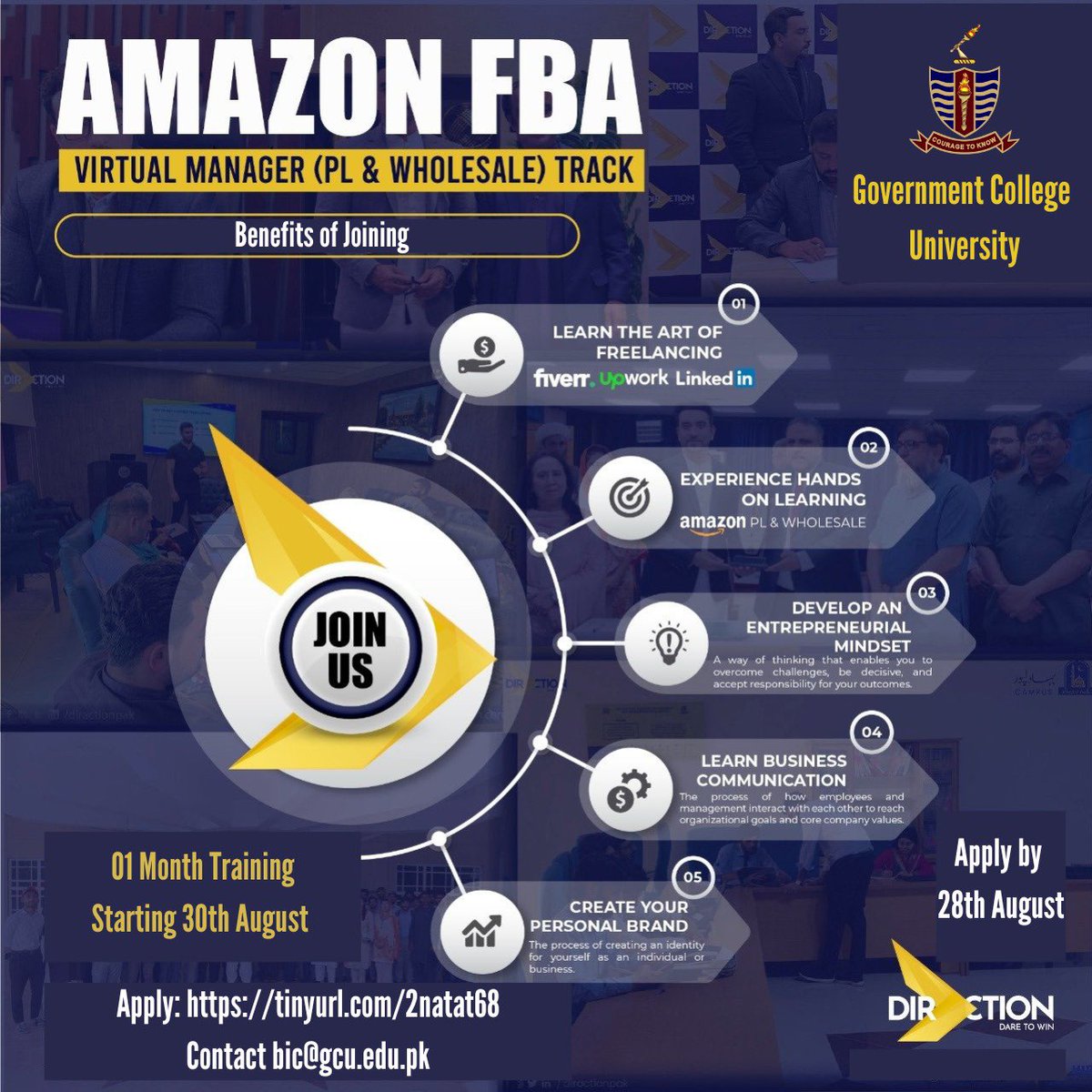 zaidia's tweet photo. GCU @gcuniversitylhr in collaboration with DirAction @DirActionPak is organizing Amazon FBA Virtual Manager Training to encourage freelancing and skill development amongst our students. Bravo @GCU_CGPC 

To register fill the form below by 28th August https://t.co/F2YiR4sJUt https://t.co/vMhoKbZDD9