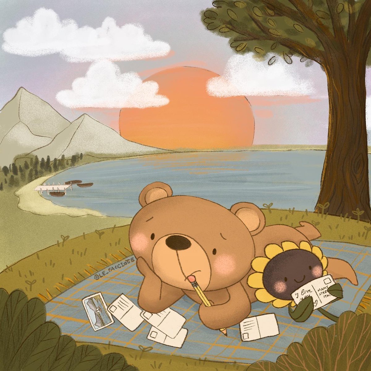 Lefacciotte's tweet photo. LeFacciotte - Mr.Bear holidays are at the end…. He had to write postcards but he doesn’t know what to write on them https://t.co/j5O5W2biI3