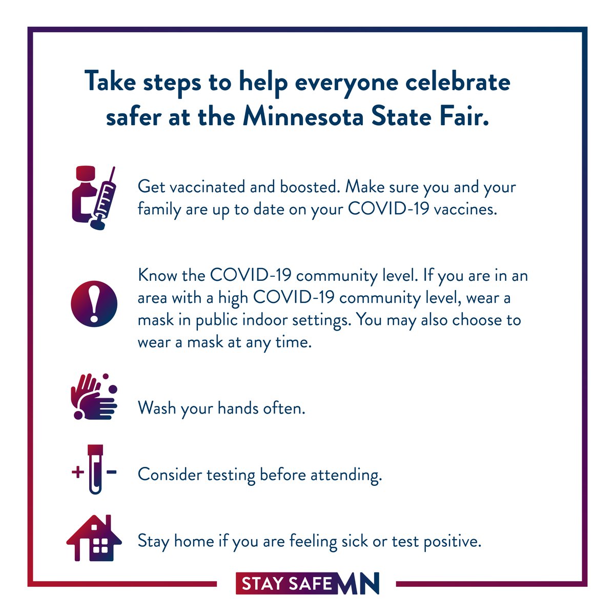 mnhealth's tweet photo. If you are heading to the @mnstatefair, take steps to help everyone celebrate safer! See tips for how to protect yourself and others from COVID-19 at https://t.co/gaw2bXhLNG #StaySafeMN #MNStateFair https://t.co/FE25ia0odK