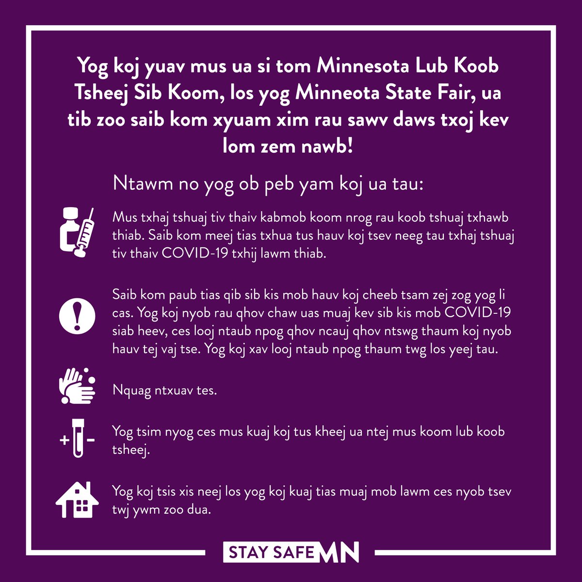 mnhealth's tweet photo. If you are heading to the @mnstatefair, take steps to help everyone celebrate safer! See tips for how to protect yourself and others from COVID-19 at https://t.co/gaw2bXhLNG #StaySafeMN #MNStateFair https://t.co/FE25ia0odK