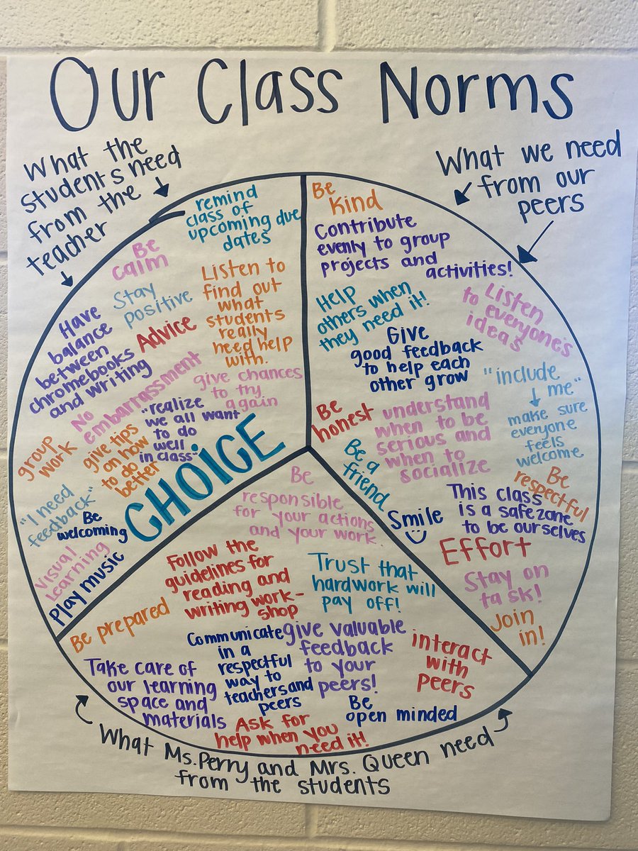 msperryin8th's tweet image. We had a discussion about what makes a great classroom environment. I told them what I need from them and they filled out their own pie chart for what they need from me and their peers. We combined our ideas and we now have a balanced set of norms to follow! @tvems