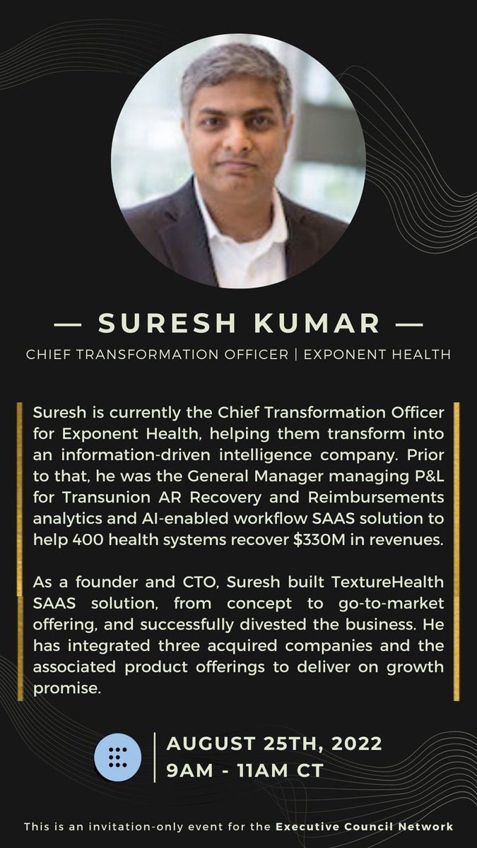 ECNSpotlight's tweet photo. TOMORROW!

We are proud to present Suresh Kumar, Chief Transformation Officer of Exponent Health, as a featured speaker for ECN’s upcoming Executive Elevation: ROI of Building Culture, 8/25

This exclusive event is for ECN members only. DM to request an invitation. #Culture #ECN https://t.co/K2MHlezNnq