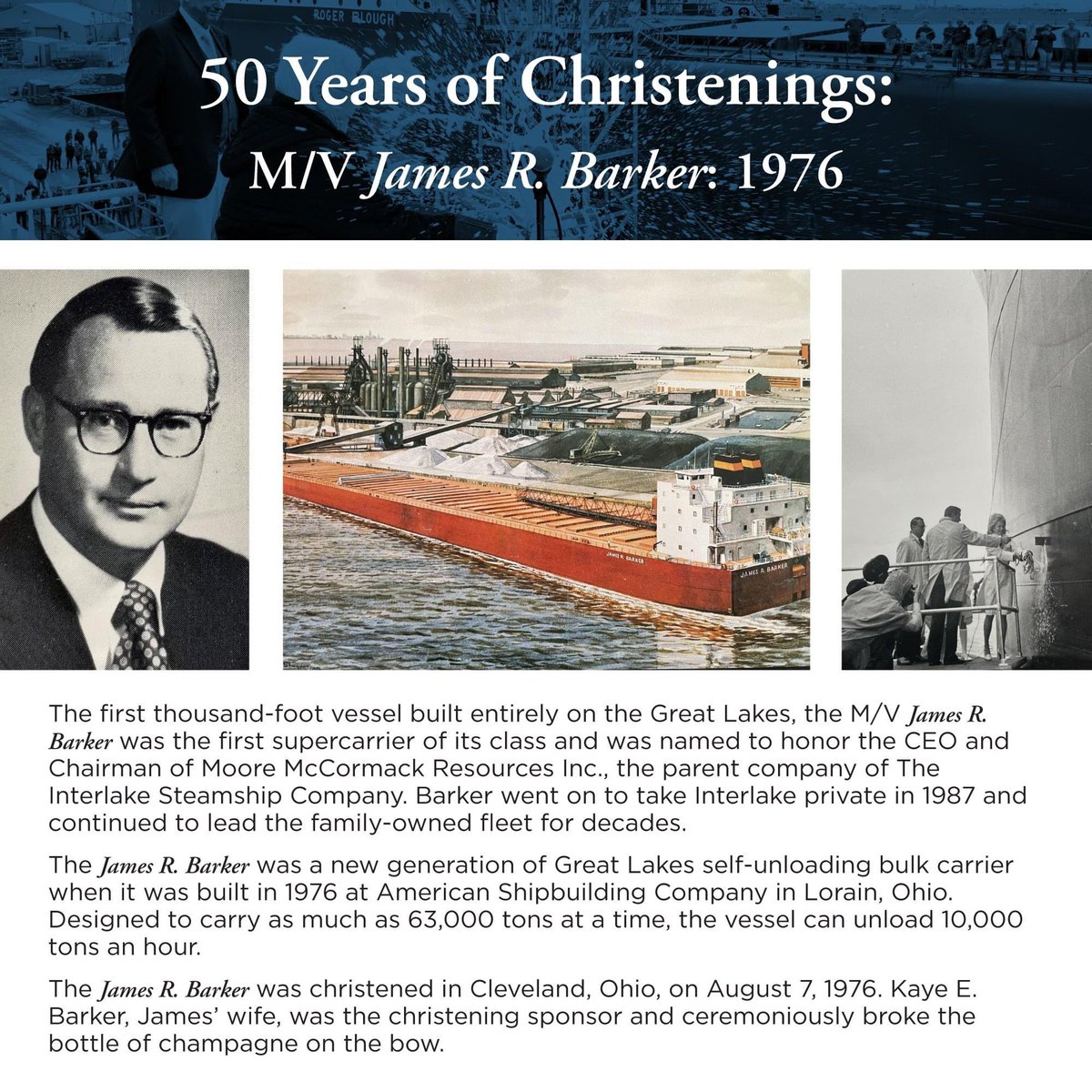 InterlakeSSCo's tweet photo. With only about a week until we christen our 639-foot M/V Mark W. Barker on Sept. 1 in Cleveland, we thought itβs the perfect time to highlight Interlake Christenings during the the last 50 years. Our proud US flag fleet is #MadeInAmerica. πΊπΈβοΈπΎ
#USBuilt #USCrewed #USOwned https://t.co/jtNPfWM1Pi
