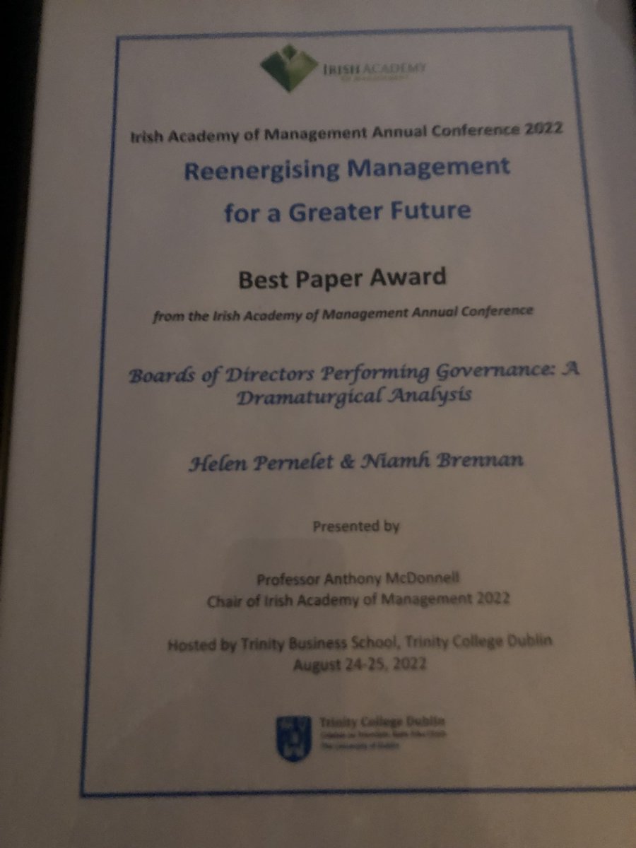 It was wonderful to be awarded the Accounting, Finance & Corporate Governance track best paper. The overall conference best paper award was unexpected. Thank you @HelenPernelet for exemplary work.  #IAM2022 @amcdonnell_hrm @FelicityKellih1
@DrChristinaD @kristel_miller @MMHef