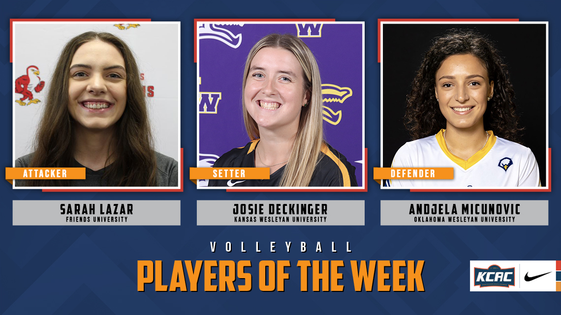 kcacsports's tweet photo. Sarah Lazar of @FriendsFalcons, Josie Deckinger of @kwucoyotes, and Andjela Micunovic of @OKWUeagles Earn KCAC Volleyball Weekly Honors for the week of August 15-21! https://t.co/YoqFc1wIbb #KCACvb

@NAIA https://t.co/xL1lmqrzQu