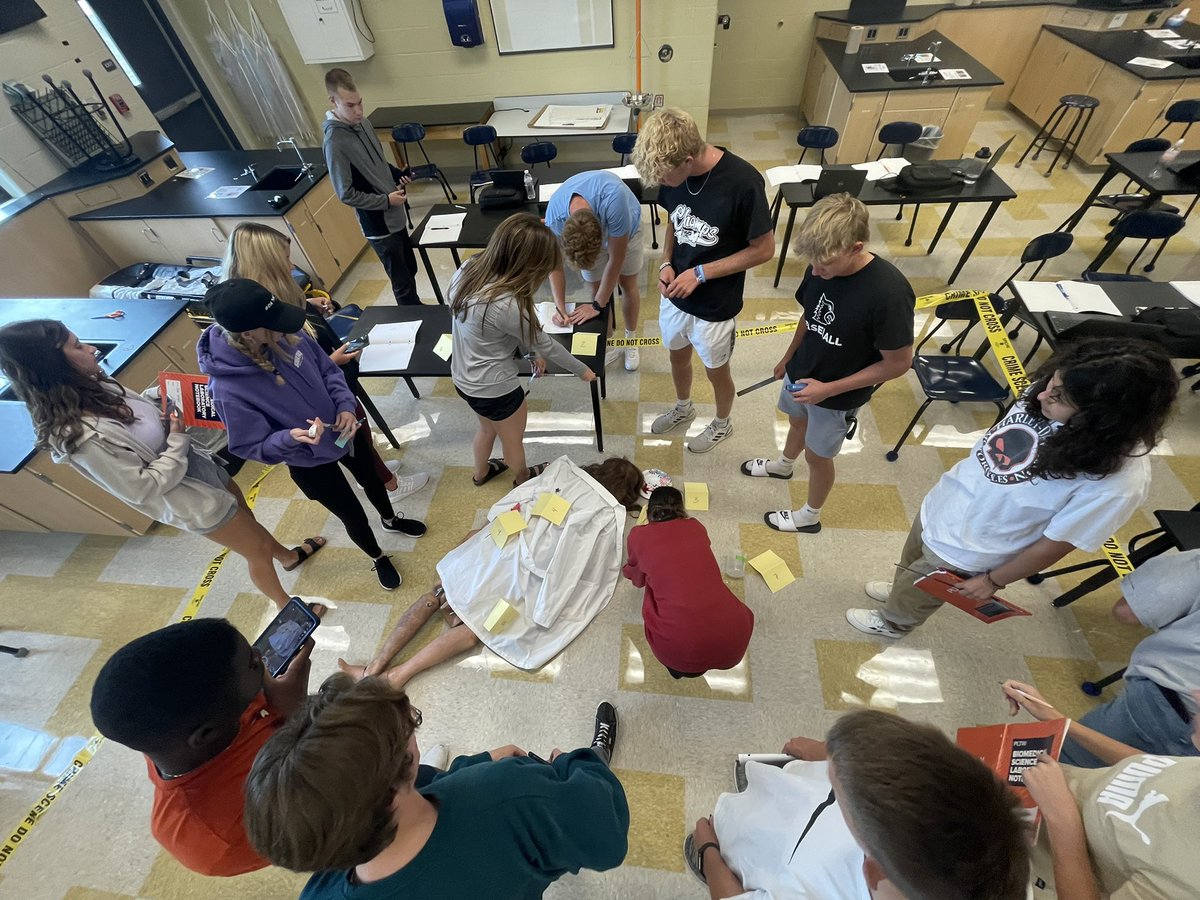 UrichHSScience's tweet photo. Principles of biomedical science students investigating a crime scene today. Collecting evidence, determining persons of interest, polygraphs, blood/DNA analysis, fingerprinting, etc. coming soon! https://t.co/2e7mKUTddH