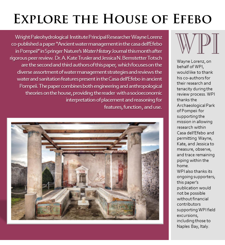 WrightWater's tweet photo. WPI's Wayne Lorenz co-published a paper “Ancient water management in the casa dell’Efebo in Pompeii” in Springer Nature’s Water History Journal.  
Read and share here: https://t.co/PejBfkqu2r; Make a donation: https://t.co/JoiCYKFoXX #paleohydrology #Pompeii #roman https://t.co/HADdTuH9kx