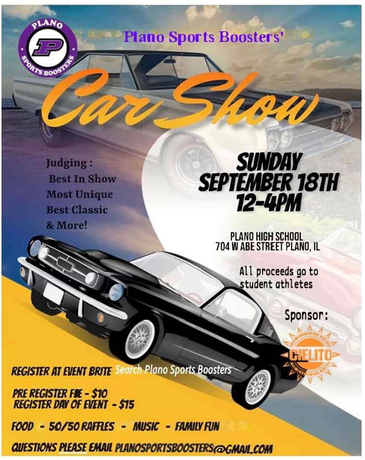Plano Sports Boosters' Car Show at the High School on Sunday September 18th, from noon to 4 p.m.! Stop by see some cars, have some fun, and visit the concession stand! 🍔 🧃 🌮 <a href="/GregHGould/">Reaper Nation</a> <a href="/PlanoReaper/">Plano Reaper Football</a> @PlanoReapersAD
