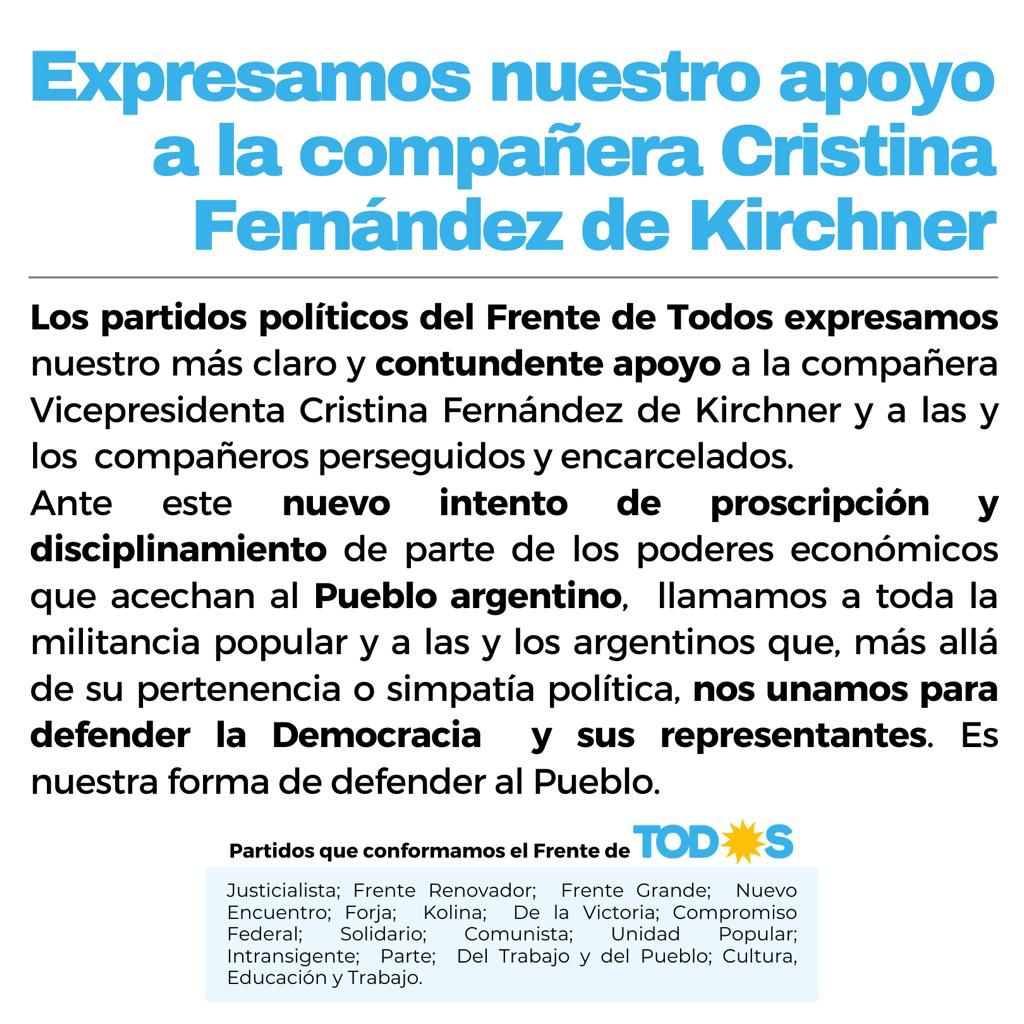 EncuentroMerlo's tweet photo. Comunicado de los partidos que integran el @FrenteDeTodos en apoyo a la compañera @CFKArgentina 

#TodxsConCristina 
#TodxsConElla https://t.co/MC5l4jkLF5
