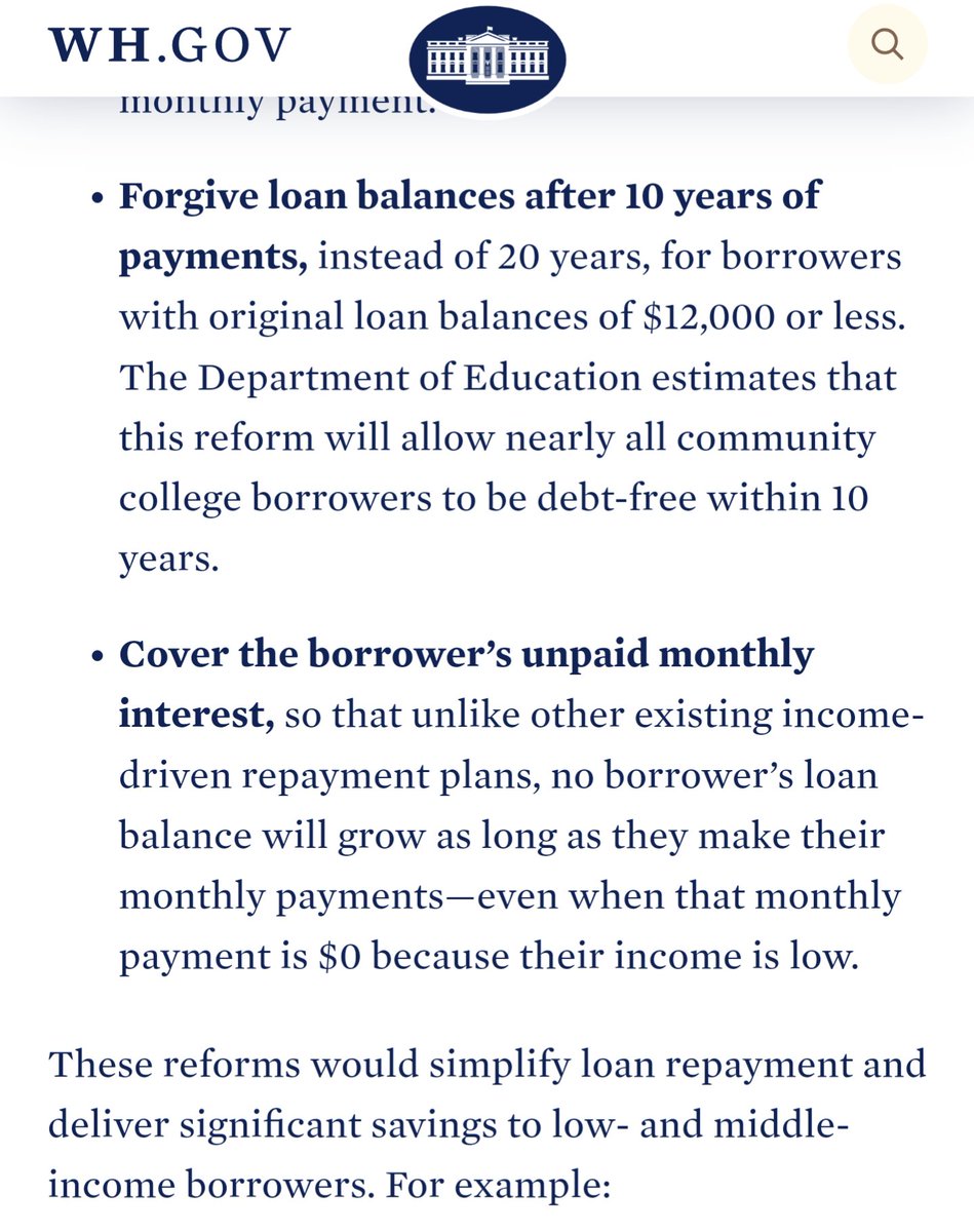 Biden's student debt relief plan goes beyond the $10-20k of loan forgiveness.

It would also halt interest as long as monthly payments are made, cut monthly payments in half from 10% of discretionary income to 5%, and increase the amount of income considered non-discretionary.