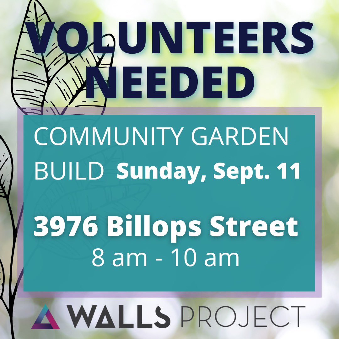 WallsProject's tweet image. 💚 VOLUNTEERS NEEDED 💚 Join us to help build a community garden in Baton Rouge on Sep 11! Details on the flyer. See you there! #communitygarden #urbangarden #urbanfarm