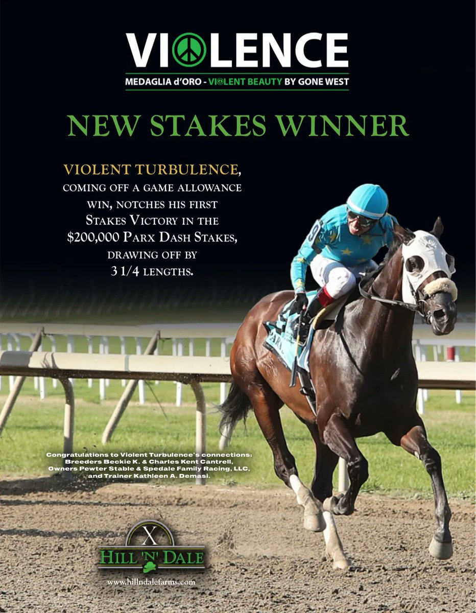 theTDN's tweet photo. Violence, standing at @HillnDaleFarm, has a new stakes winner in Violent Turbulence who took the Parx Dash Stakes by 3 1/4 lengths! https://t.co/OB8jCjTjfi