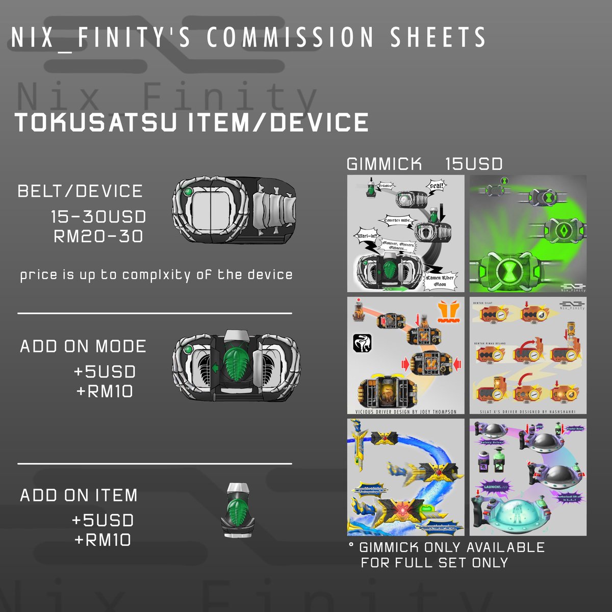 Nix_Finity's tweet photo. Updating my commission sheet!
COMMISSION OPEN!!

Toku fan out there who want your toku item visualize? Consider Me!

I also drew simple weapon concept if you like.
[Personal use only]

Retweet and share are appreciated😁 https://t.co/qONyvdyLIT