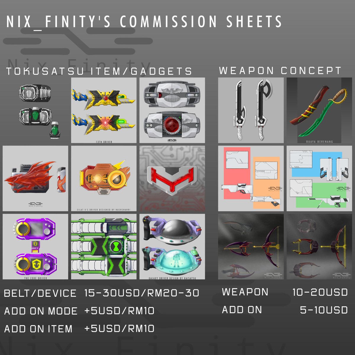 Nix_Finity's tweet photo. Updating my commission sheet!
COMMISSION OPEN!!

Toku fan out there who want your toku item visualize? Consider Me!

I also drew simple weapon concept if you like.
[Personal use only]

Retweet and share are appreciated😁 https://t.co/qONyvdyLIT