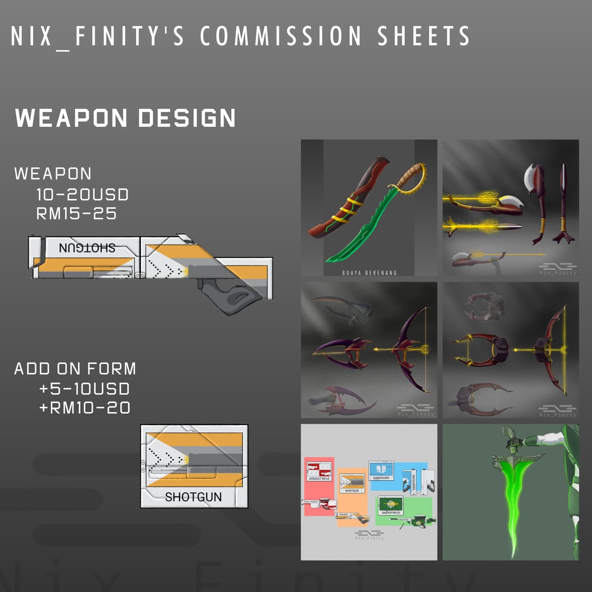 Nix_Finity's tweet photo. Updating my commission sheet!
COMMISSION OPEN!!

Toku fan out there who want your toku item visualize? Consider Me!

I also drew simple weapon concept if you like.
[Personal use only]

Retweet and share are appreciated😁 https://t.co/qONyvdyLIT