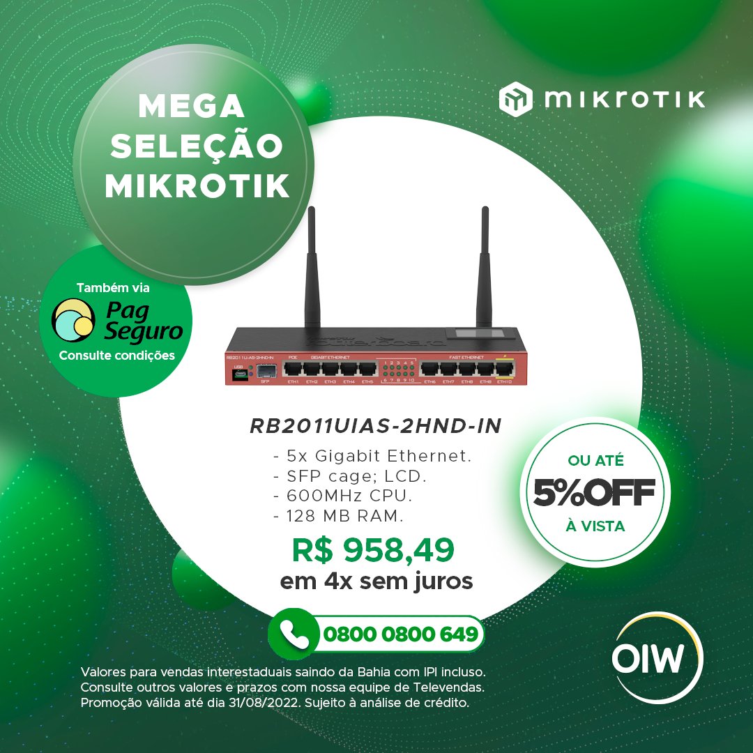oiwtelecom's tweet photo. 📞 Alô, provedor!

Soluções de rede MikroTik, essenciais para qualquer projeto e com as mais vantajosas condições, só na OIW! 🧠

👉 Contate já o nosso time de televendas e receba as melhores oportunidades de negócio! 🚀

#oiw #telecom #televendas #tecnologia #mikrotik #somosoiw https://t.co/k3ecDUokRK