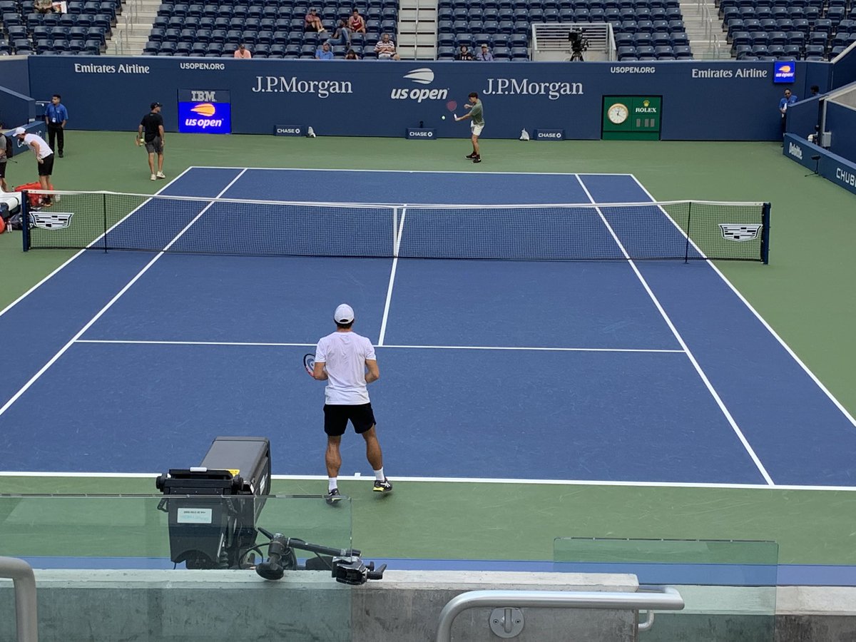 TennisNewsTPN's tweet photo. Practicing on Armstrong now is @benshelton1009 and Aslan Karatsev. #usopen #practicecourt https://t.co/draFGlyOgD