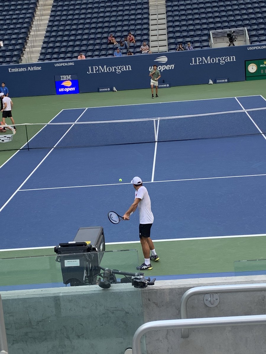 TennisNewsTPN's tweet photo. Practicing on Armstrong now is @benshelton1009 and Aslan Karatsev. #usopen #practicecourt https://t.co/draFGlyOgD