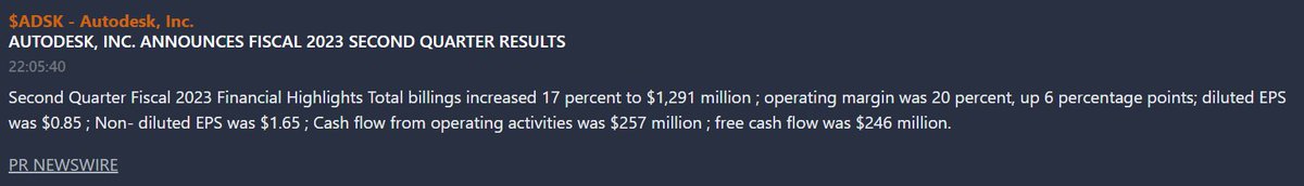 $ADSK 
AUTODESK, INC. ANNOUNCES FISCAL 2023 SECOND QUARTER RESULTS