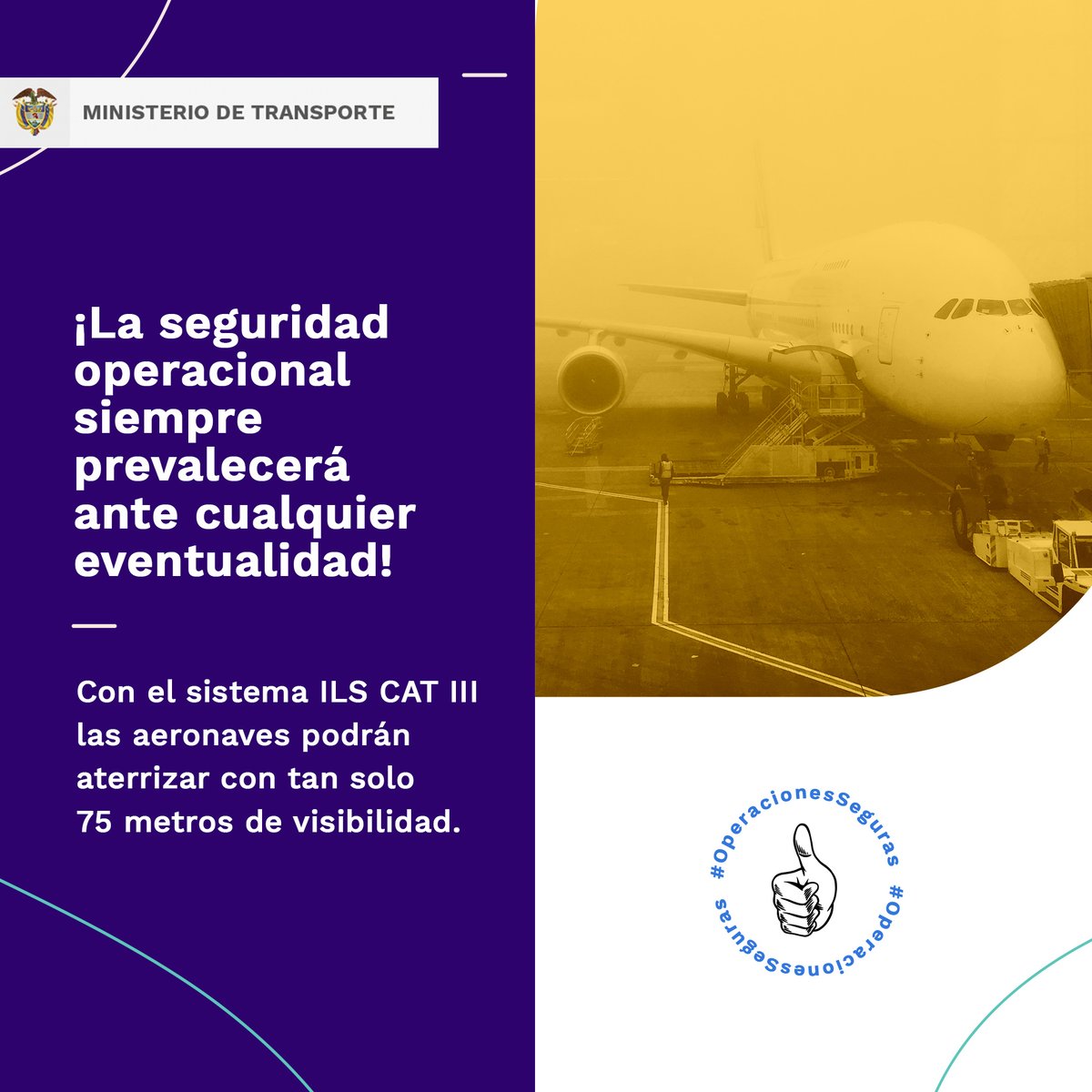 AerocivilCol's tweet photo. El sistema ILS CAT III permite a las aeronaves, en caso de ser necesario llegar a una altura de alrededor de 20 metros para realizar una aproximación frustrada sin poner en riesgo la seguridad operacional. #OperacionesSeguras https://t.co/2tyvWBKKog