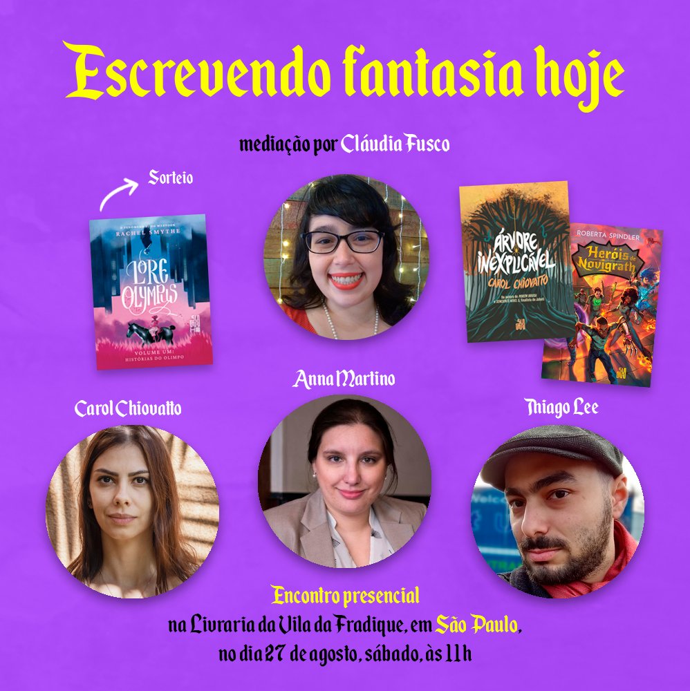 No dia 27/08, às 11h, vai rolar a última mesa da #JornadaLF na <a href="/livrariadavila/">Livraria da Vila</a> da Fradique Coutinho, em SP!✨
Com o tema ESCREVENDO FANTASIA HOJE a mesa contará com <a href="/claufusco/">Cláudia Fusco</a>, <a href="/CarolChiovatto/">Carol Chiovatto ainda EDITANDO PB2</a>, <a href="/annadixit/">Anna Martino</a>, <a href="/thiagoeulee/">Thiago Lee</a> e sorteios!😍

Marque a sua presença: fb.me/e/5Dr4RRTAH