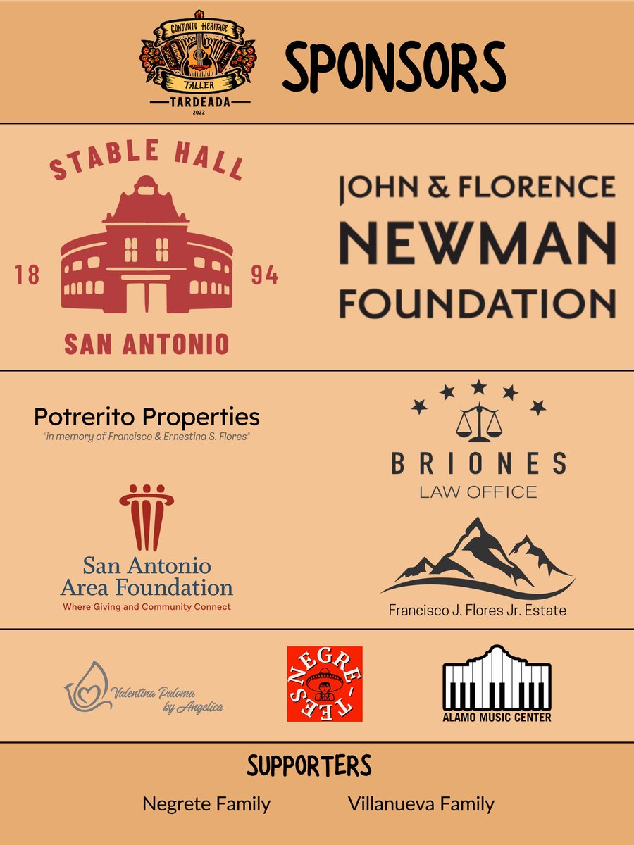 ConjuntoTaller's tweet photo. THANK YOU to our wonderful Tardeada sponsors &amp; supporters! With their generous support, the 2022 Tardeada is brought to the community for FREE!

‼️See you Saturday, Aug. 27, 2022 @ Rosedale Park, 5pm-11pm‼️

#CHT20 #CHT20years #sanantoniomusic #conjuntomusic #conjunto https://t.co/grVxBZpOmN