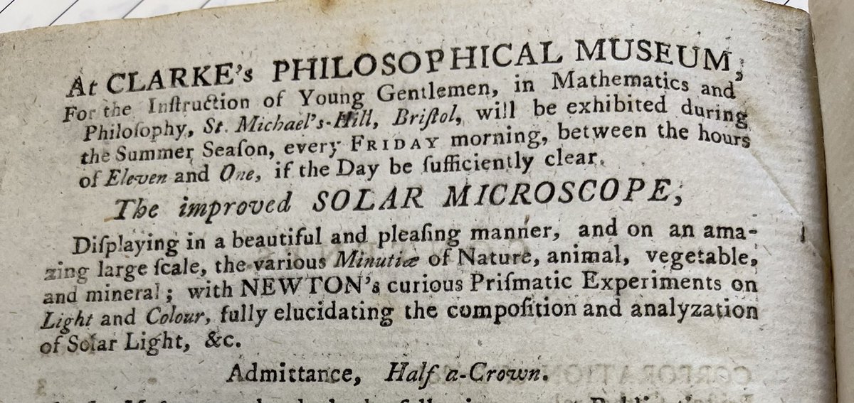 Barb_Drummond's tweet photo. Was shown this ad from 18thCentury for an expensive show-1/2 crown. #SolarMicroscope shone light through magnified drop of water to show microbes moving about. Invented by Dutch 17thCentury. Cost reflects it needed strong sunlight so often impossible #entertainment https://t.co/xksYsw6F0v