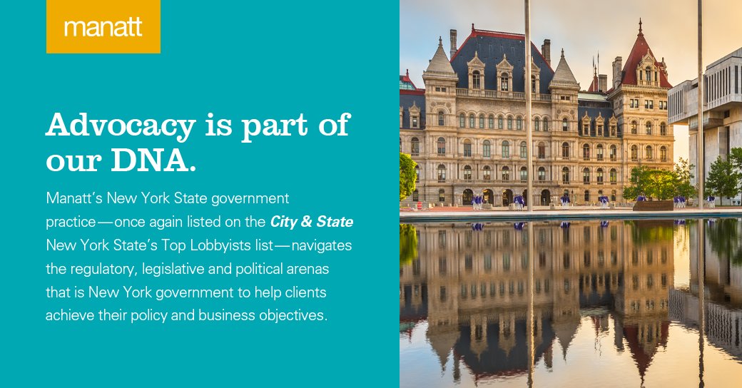 manatt's tweet photo. We’re thrilled to once again be recognized as one of @CityAndStateNY’s Top Lobbyists for 2022! Read more: https://t.co/sAxMadh3kt https://t.co/JFi7EnYWUY
