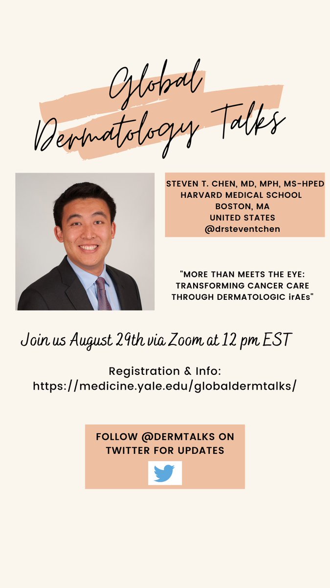 We’re super excited for @DrStevenTChen to teach us about immune-related adverse events on Monday Aug 29th @DermTalks!
Register here if you haven’t already: zoom.us/WEBINAR/REGIST…
