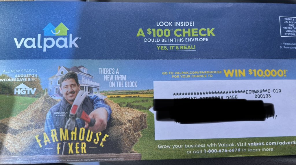 babysisof9's tweet photo. Surefire way to make sure I pay attention to the #valpak would be to put a New Kid on it. Well played @Valpakcoupons. Looking forward to watching @JonathanRKnight on the Season 2 premiere of #FarmhouseFixer on @hgtv tonight ❤️🔨🪚❤️ https://t.co/jCibMv2dJe