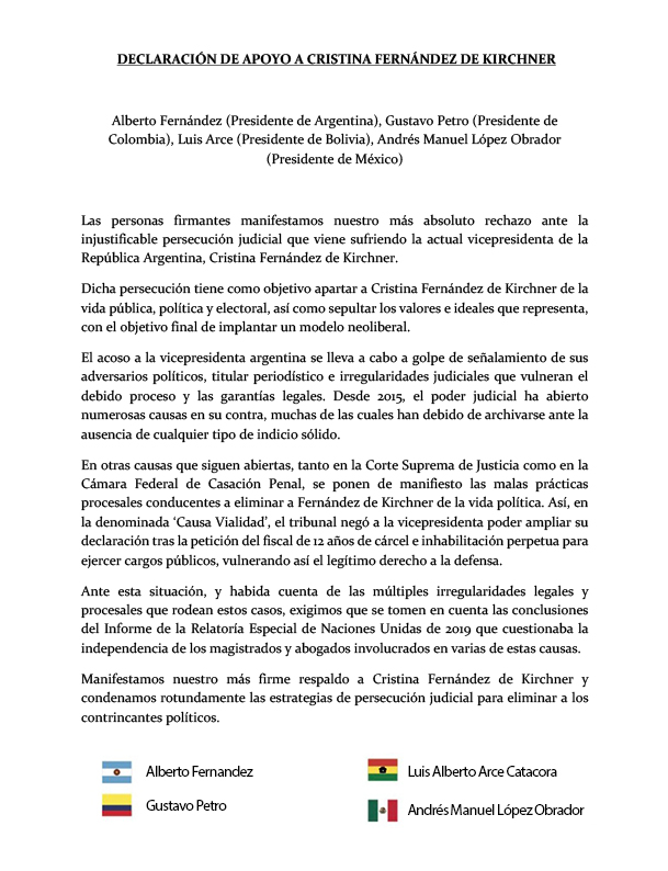 LuchoXBolivia's tweet photo. Con los presidentes @alferdez🇦🇷, @petrogustavo🇨🇴 y @lopezobrador_🇲🇽, unimos nuestras voces para manifestar el más firme respaldo a la hermana @CFKArgentina y condenar rotundamente la persecución judicial y mediática en su contra. 
Hoy más que nunca, #TodosConCristina. https://t.co/gcWDSkRSWy