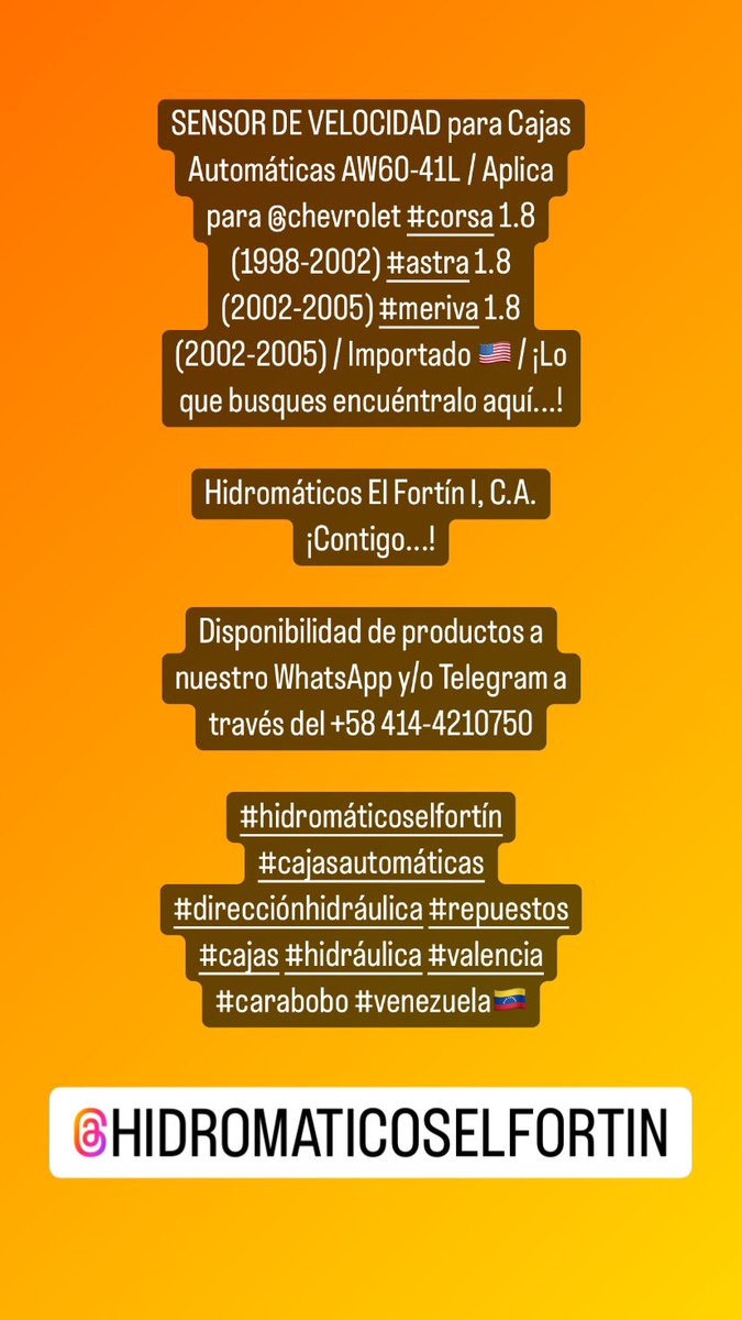 HidromaticosI's tweet photo. SENSOR DE VELOCIDAD para Cajas Automáticas AW60-41L / Aplica para @chevrolet #corsa 1.8 (1998-2002) #astra 1.8 (2002-2005) #meriva 1.8 (2002-2005) / Importado 🇺🇸 / ¡Lo que busques encuéntralo aquí...! 

Hidromáticos El Fortín I, C.A.
¡Contigo...!

WhatsApp  +58 414-4210750 https://t.co/ge9P9klZfr