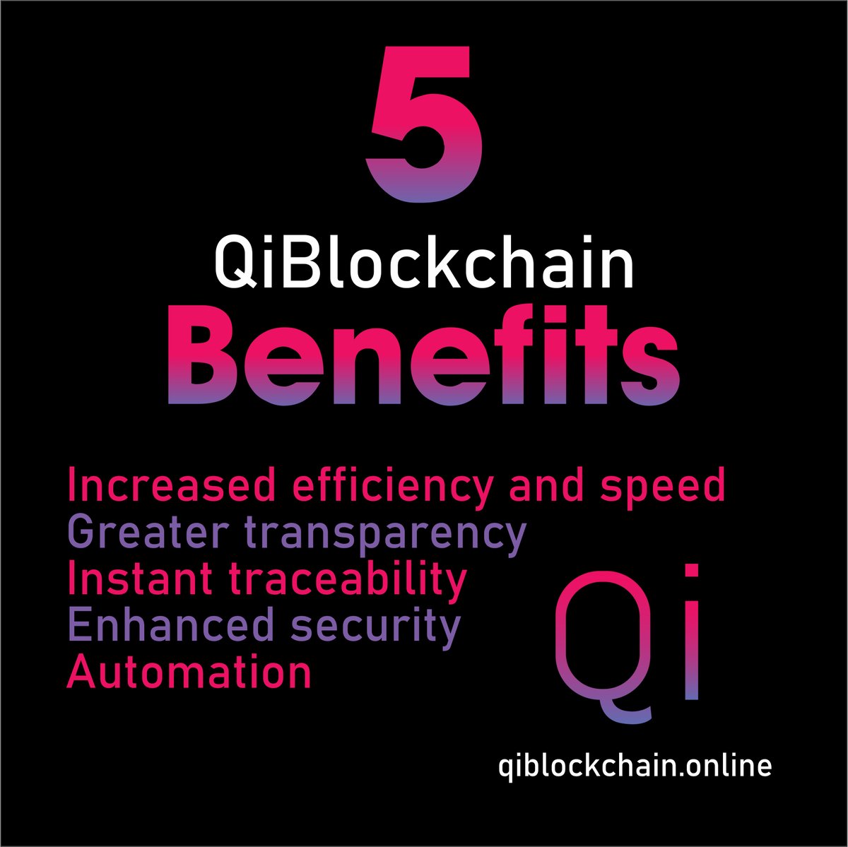 qieblockchain's tweet photo. Five important #QiBlockchain benefits:

* Enhanced security
* Greater transparency
* Instant traceability
* Increased efficiency and speed
* Automation

Click here for more: https://t.co/JShLrJ19nj https://t.co/JZy5Zhx9zH