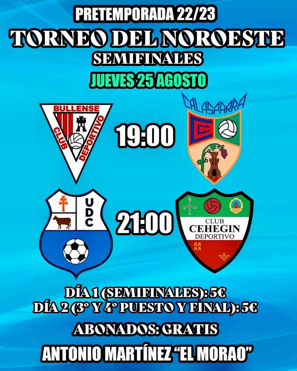 ¡NUESTRO EQUIPO JUEGA MAÑANA!

⚽ IV TORNEO DEL NOROESTE
🕖 19:00 h
🏟️ "El Morao" (Caravaca)