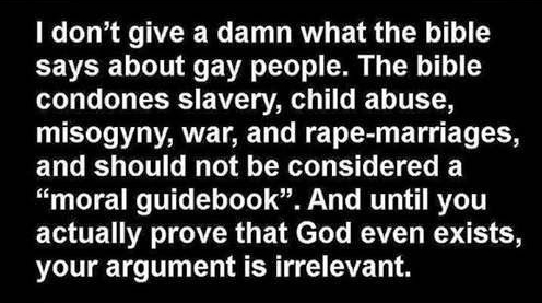 pinkheretic's tweet photo. I don't give a damn what the bible says about gay people. The bible condones slavery, child abuse, misogyny, war &amp; rape marriages https://t.co/un1C1gh5To
