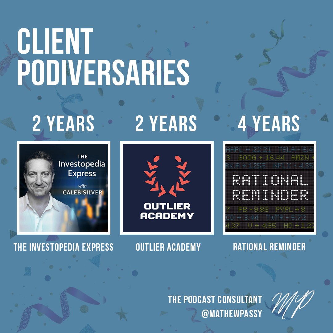 MathewPassy's tweet photo. Wishing a Happy Podiversary to a few of our current podcast production clients; The @investopedia Express with Caleb Silver, @outlieracademy, and @rationalremind . Congrats!
#Podcasting #PodcastingSuccess #ThePodcastConsultant #Podcaster #Podcasters https://t.co/Yj0dbi7E7Q