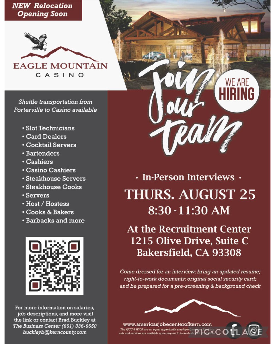 ❗️ Just a reminder that there will be In-Person Interviews for Eagle Mountain Casino #TOMORROW!

Come prepared with the necessary documents (noted on flyer) 
#AJCCKern #EagleMountainCasino #interviews #NowHiring #Jobs #Employment