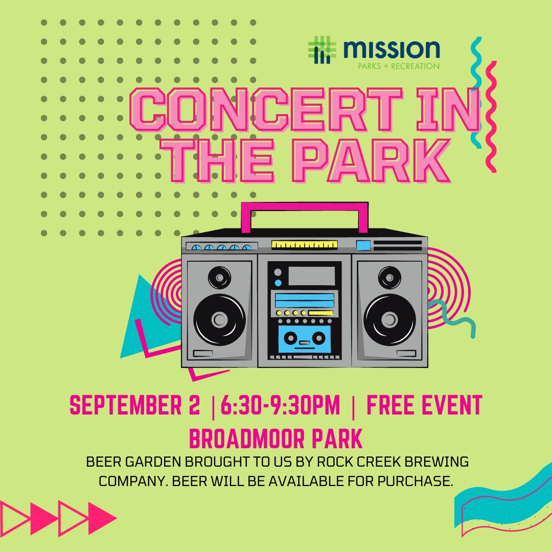MissionKSPksRec's tweet photo. Join us Labor Day Weekend with some cool tribute tunes by "The Steve Miller Experience" & "The John Cougar Project"!! Beer Garden from Rockcreek Brewing Co and food truck from Donnell’s Kitchen Playlist at Broadmoor Park (5701 Broadmoor Park) #concertinthepark #missionksparksrec https://t.co/M26bLvnYzJ