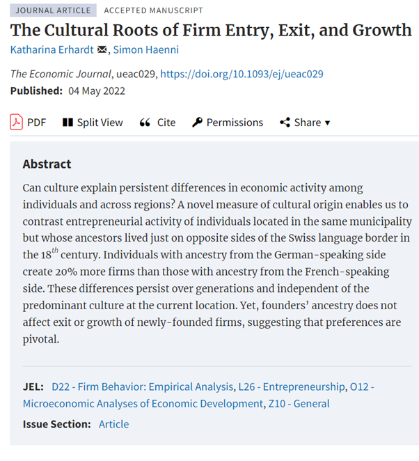 Recently accepted at EJ: ‘The Cultural Roots of Firm Entry, Exit, and Growth’ by Katharina Erhardt & Simon Haenni doi.org/10.1093/ej/uea… @OUPEconomics @RoyalEconSoc @Kathi_Erhardt #EconTwitter