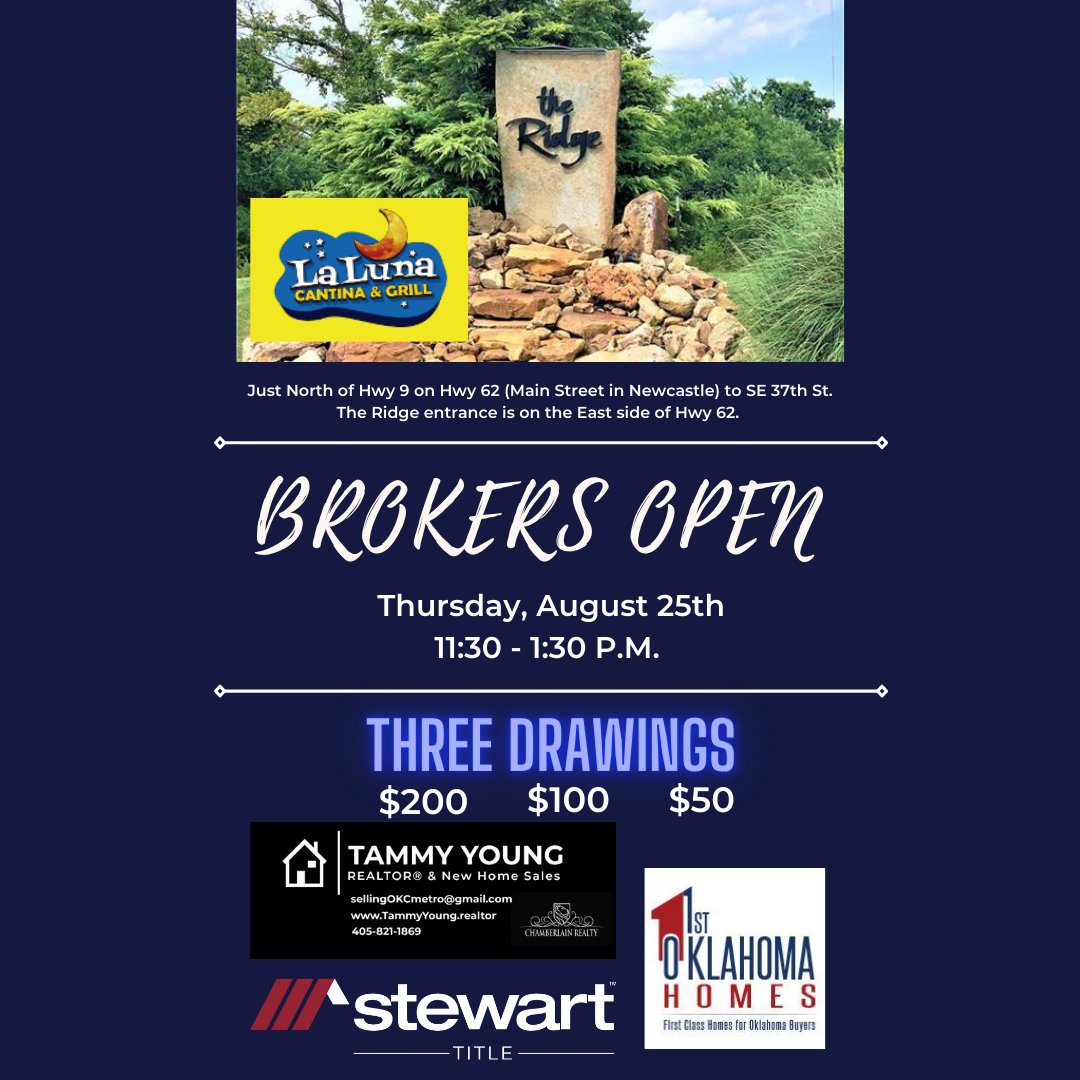 Come tour 1st Oklahoma Homes new construction at The Ridge in Newcastle, enjoy La Luna for lunch and a chance to win a $200, $100 or $50 drawing!  We look forward to seeing you there!  #StewartNorman #StewartofOklahoma
