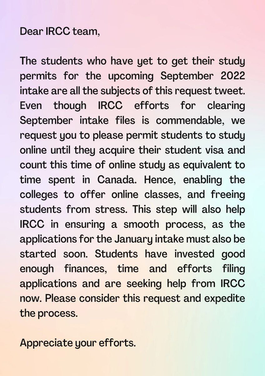 AMOGHPHADNIS's tweet image. It is an humble request to IRCC to allow students to study online untill they receive their visa for September 2022 intake, and consider this period of online studies as equivalent to time spent in Canada. 
#IRCC
#studentvisacanada 
@CanadainIndia 
@CitImmCanada 
@SeanFraserMP