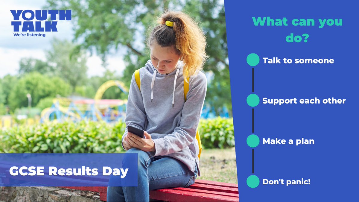 Youth_Talk_SA's tweet image. It's finally here... #GCSEResultsDay

While some will be celebrating in the local park, others may be struggling with their results. If you know a young person having a hard time, signpost them to Youth Talk.💙

For more information, visit our website: youthtalk.org.uk