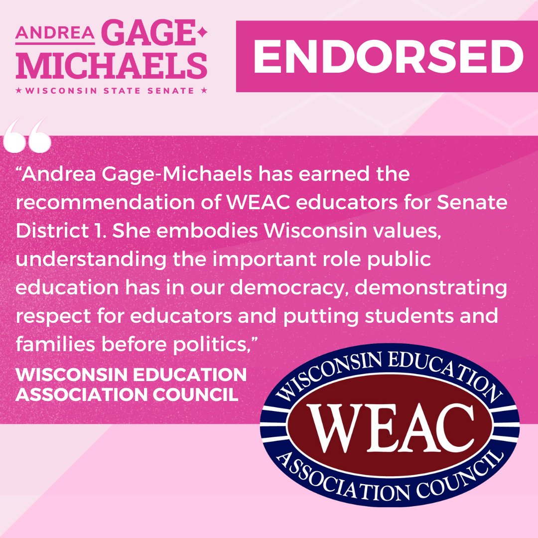 🚨Endorsement Alert🚨

<a href="/WEAC/">WEAC</a> has recommended me to be your next State Senator from Senate District 1. Educators are the backbone of our state and need our support in Madison.