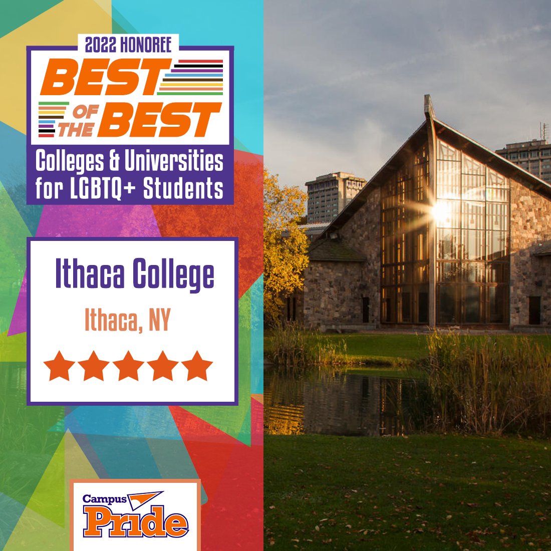 IC is proud and honored to be included on @CampusPride’s list of Best of the Best Colleges and Universities for LGBTQ+ Students—setting a positive example for inclusion, equity, and belonging on campus! See IC News: ithaca.edu/news/place-inc…
@iclgbt #IthacaCollege #LGBTQStudents