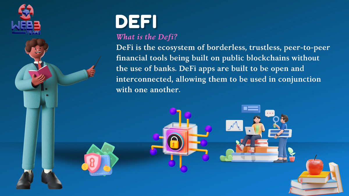 Web3TX's tweet photo. One Word a Day!💡 Decentralized finance is finance without pesky middlemen like banks getting in the way. Participants rely on blockchain technology to ensure trust.
#Defi #Web3 #Web3Tx #Education https://t.co/5lM6kFRzMh