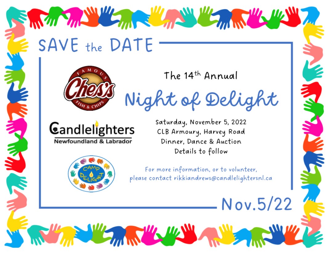 CandlelighterNL's tweet photo. It's back!!!  Mark your calendars for Saturday, November 5th as we get together for our 14th Annual Ches's Night of Delight! @Chesfishnchips https://t.co/EerioMkRsL
