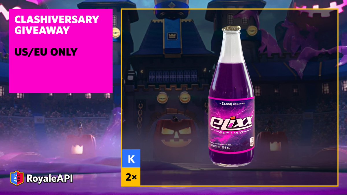 We have 2 bottles of Elixx Soda to give away! 🥳 #Clashiversary

✅ Follow <a href="/RoyaleAPI/">RoyaleAPI</a> + 🔁 Retweet
🇺🇸 US and 🇪🇺 EU ONLY
💬 Tell us what would happen after drinking Elixir
🧵 Rules + Item description in thread
🏆 2 random winners in 24 hours (2022-08-25 16:00 UTC