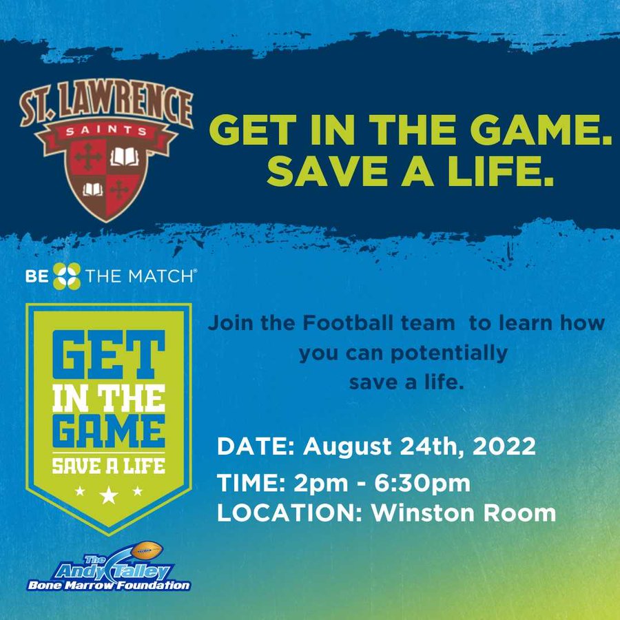 TalleyBoneMarro's tweet photo. Starting our 15th season of #Getinthegame drives today! How fitting that @NCAAFootball @SLUsaints @SLUCoachPuck &amp; @SLU_Football is kicking off the season! If you're near @StLawrenceU today, stop by &amp; #swabandsave. YOU could be someone's 2nd chance at life. 🏈💙
@BeTheMatch https://t.co/V5XS0StPoq