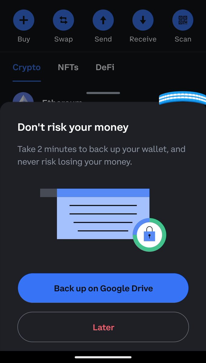 Cryptistician's tweet photo. @CoinbaseWallet this pops up at least once a day, can you give an option to manually back up keys ao it stops popping up? https://t.co/GVCjqaN2VC