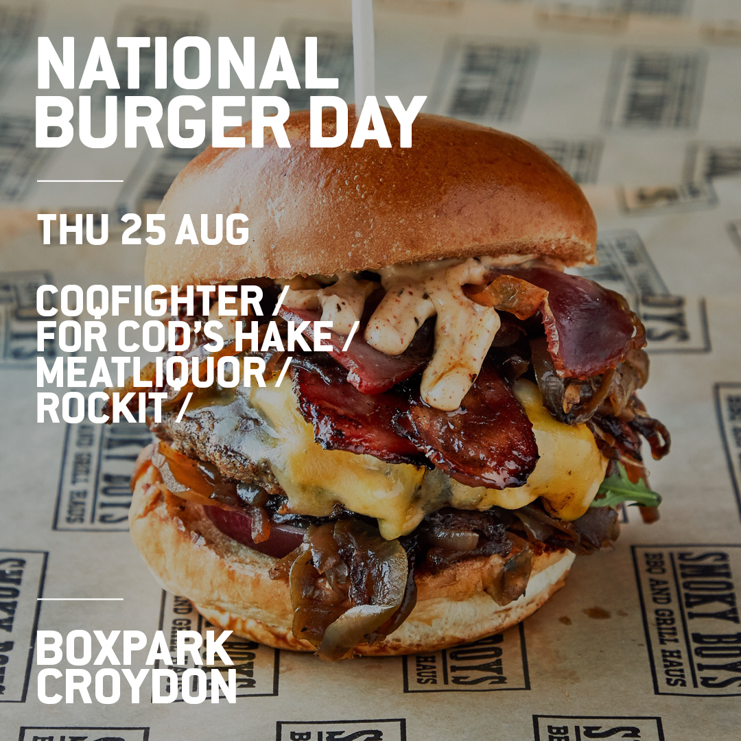 BoxparkCroydon's tweet photo. #NationalBurgerDay is tomorrow! 🍔 If you’re a big burger lover, don’t miss out on our special offers and wide choice of mouth-watering patties. You can get your hands on a burger for just a fiver tomorrow with selected street food traders... | https://t.co/vRdfOLd1da 😁👀 https://t.co/iu9WS3BWY9